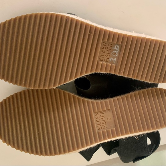 Eileen Fisher Willow Wedge Espadrille Sandal Shoe Velcro Black Leather Sz 9 - Picture 7 of 8